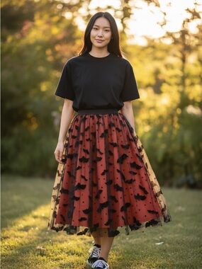 Orange black sz large Midi Tulle Skirt with Black Motif bat theme fall Halloween